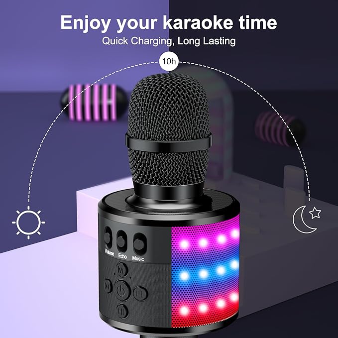 BONAOK Karaoke Microphone for Kids & Adults - Bluetooth Microphones Singing Mic with Disco Lights, Echo Effect, Built-in Speaker Portable Karaoke Player for Party Travel Gifts Q78(Black)