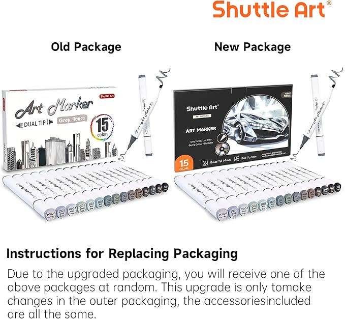 Shuttle Art 15 Colors Grey Tones Dual Tip Art Marker, Alcohol Based Marker Pens Double Ended with Fine and Chisel Point Tips Perfect for Drawing,Shading,Sketching,Designing,Outlining,Illustrating