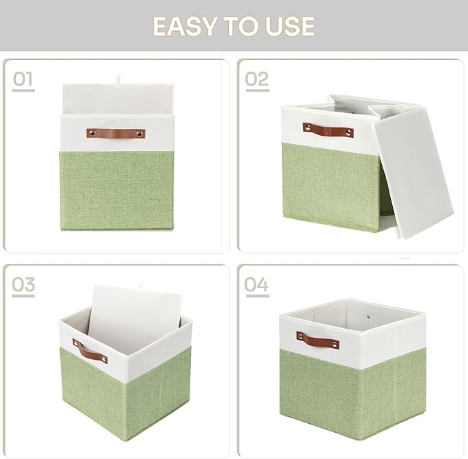 HNZIGE Fabric Storage Cubes for Shelves Set of 4 ,Storage Cubes Baskets 12 x12, Decorative Storage Bins Basket with Handles, Green Baskets for Organizing Home Nursery(Green White)
