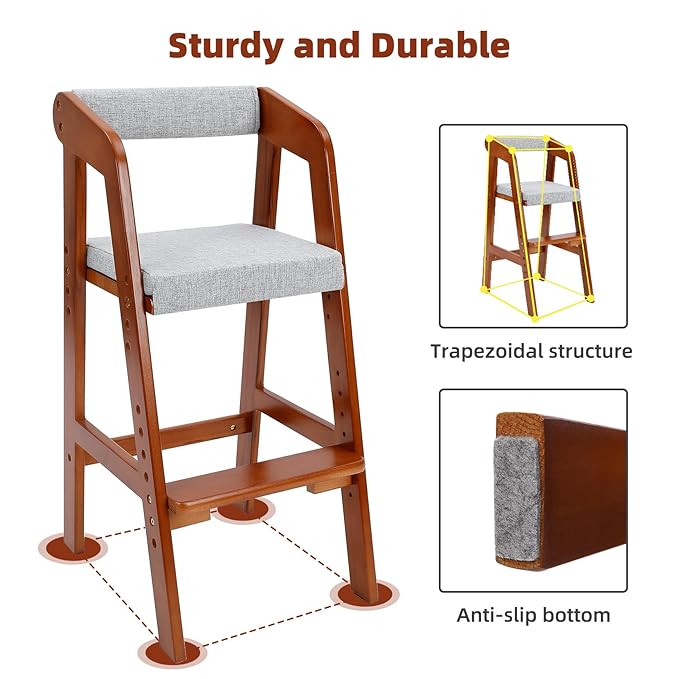 Wooden High Chair for Toddlers, Adjustable Dining Feeding Chair with Removable Cushion for Child, High Chair Grows with Your Kid with Steps for Kids Dining, Studying, Step Tool(Nut-Brown)