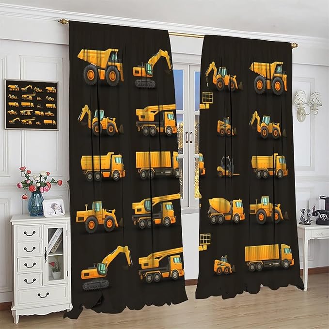 Kids Construction Window Curtains, Construction Machinery Equipment Mode of Transport Bulldozer Tractor Windows Curtain for Children Teens Room Decor 42x54in (30% Blackout)