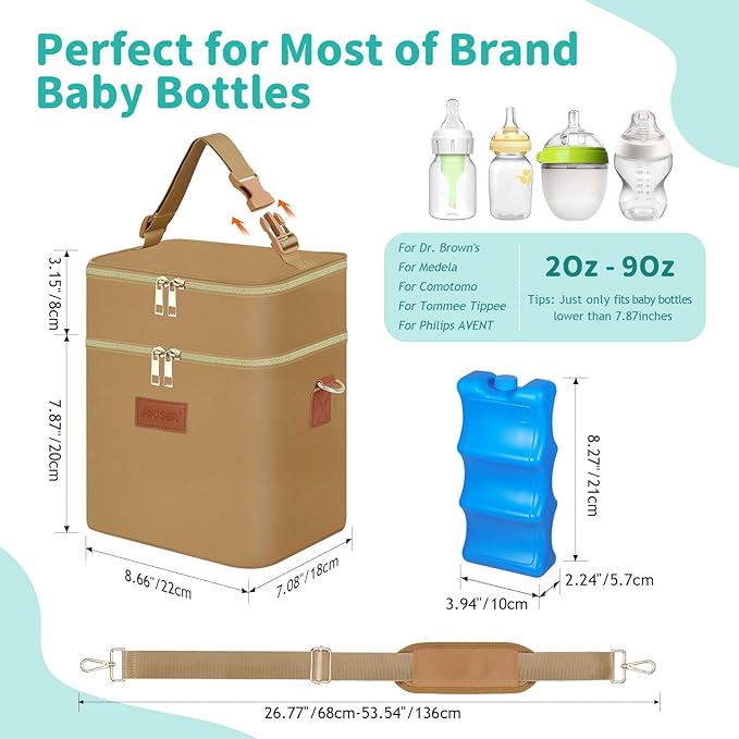 PIIOSER Breastmilk Cooler Bag with Ice Pack Fits 6 Baby Bottles Up to 9 Ounce, Insulated Baby Bottle Tote Bags, Double Layer Waterproof Leak-Proof with Shoulder Strap for Nursing & Working Mom (Brown)