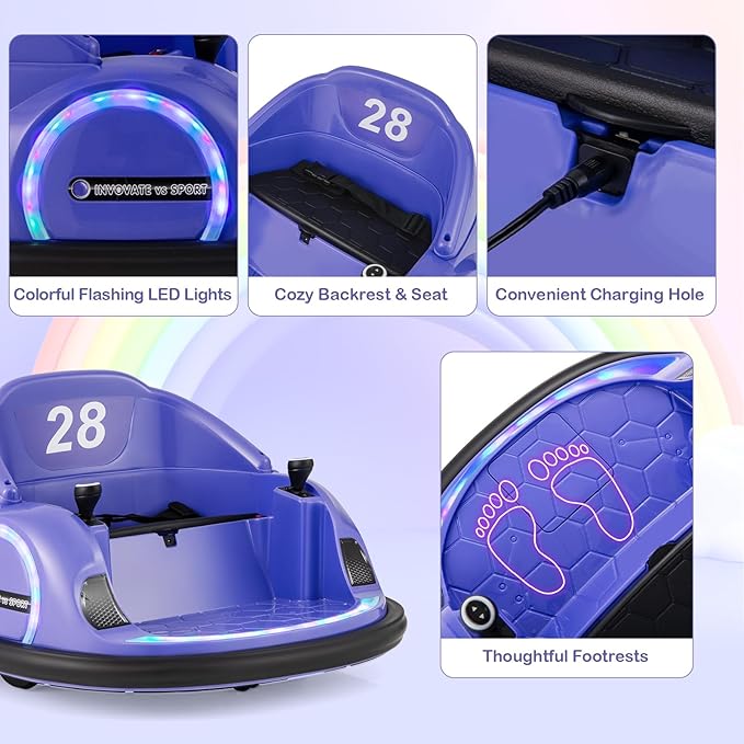 GLACER 12V Bumper Car, Electric Kids Bumper Car w/Parental Remote, 3-Speed, 360°Spin, Music, LED Light, Battery Ride on Bumper Car w/Dual Joysticks, Baby Bumper Car for Toddlers 18 Months+ (Purple)