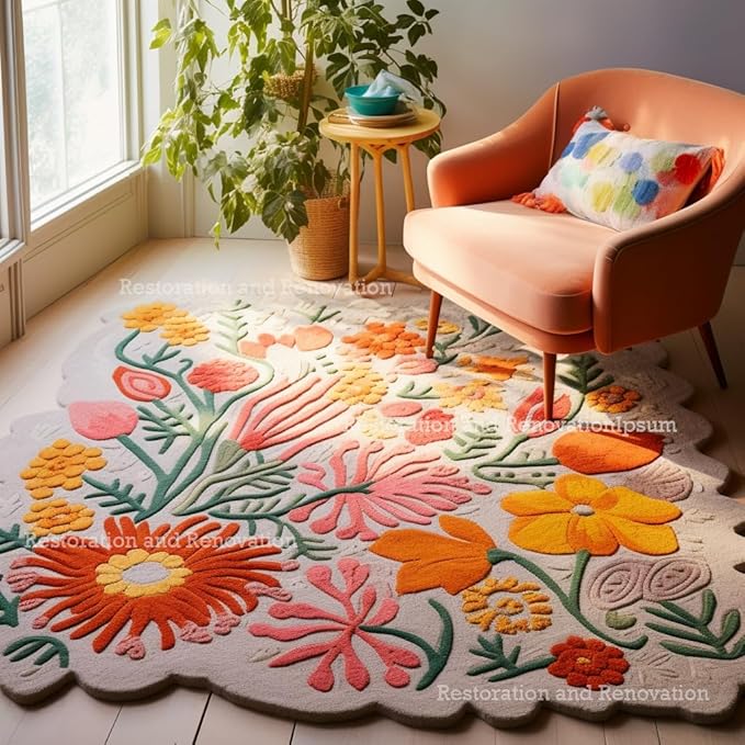 Handmade Wool Floral Area Rug for Living Room | Elegant Flower Garden Design, Soft, Thick and Durable | Bedroom, Dining Room & Home Decor Carpet (5' Round, Floral C)