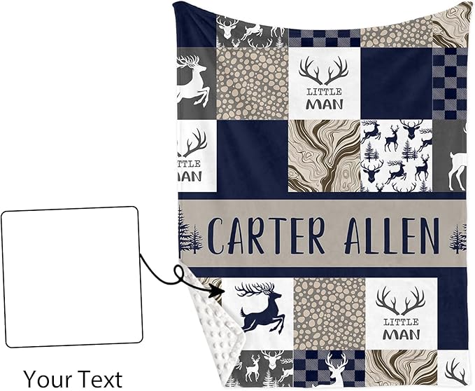 Personalized Baby Crib Bedding Set, 5-Piece Navy Deer Design Baby Crib Sets with Custom Name, Toddler Double Layer Blanket Fitted Sheets Changing Pad Cover Rug Wall Art Set, Charming Nursery Decor