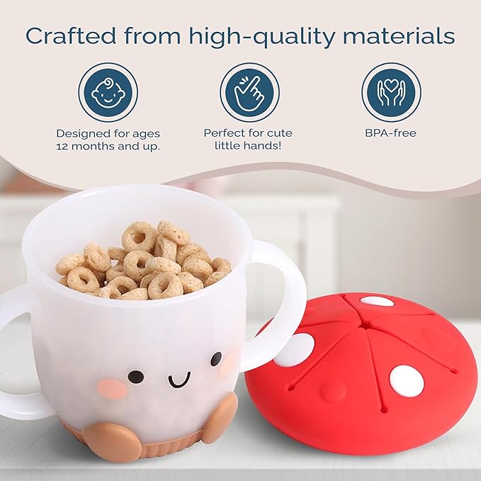 Itzy Ritzy Toddler Snack Cup - Spill-Proof Snack Cup for Toddlers with Soft Silicone Lid for Easy Food Access - Easy-To-Hold Kids Snacks Container With Handles - Ideal for 12 months & Up (Mushroom)