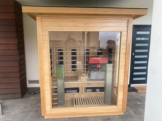 3-Person Far Infrared & Steam Dual-System Sauna Room, Outdoor Canadian Hemlock Wood Sauna, WiFi Control, Red Light Therapy, 11 Heaters& Electric Stove, Left Door, 220-240V