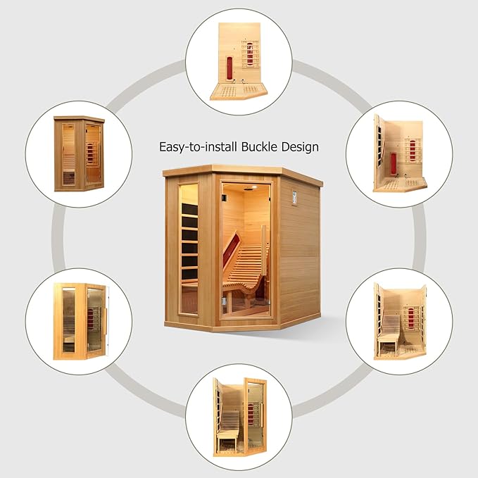 Smartmak Far Infrared Single Recliner Wooden Sauna,Home Indoor Canadian Hemlock Wooden Sauna,with 6 Heaters,Oxygen Bar,LED Controller,Bluetooth,Color Therapy Light(220V, 2300W)