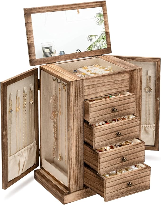 Jewelry Box for Women, 5 Layer Large Wood Boxes & Organizers for Necklaces Earrings Rings Bracelets, Rustic Organizer with Drawers and Mirror(Carbonized Black)
