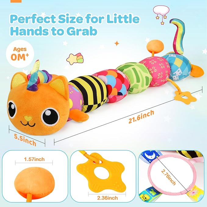 Baby Toys 0-6 6-12 Months, Sensory Musical Animal Stuffed Toy for Infant 0-3 3-6 Months, Tummy Time Toys with Mirror Crinkle Rattle, Plush Unicorn Cat Toy Gifts for 0 1 2 3 4 5 6+ Months Boys Girls