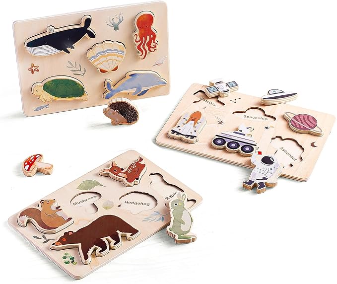 IEATFO 3 Packs Space Ocean Forest Wooden Chunky Puzzles for Toddlers, Wood Puzzle for Kids, Insert Puzzles Each Piece Fits Perfectly, Sturdy and Pegless, Educational Toys