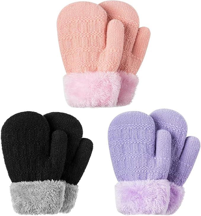 Winter Mittens Gloves Beanie Hat Set for Kids Baby Toddler Children, Thick Warm Knit Fleece Lined Thermal Set for Boys Girls