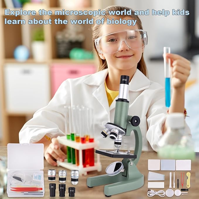 Microscope for Kids 40X-2000X with LED supplemental Light, Slides and specimens, Microscope for Kids 8-12 for School Labs and homeschooling