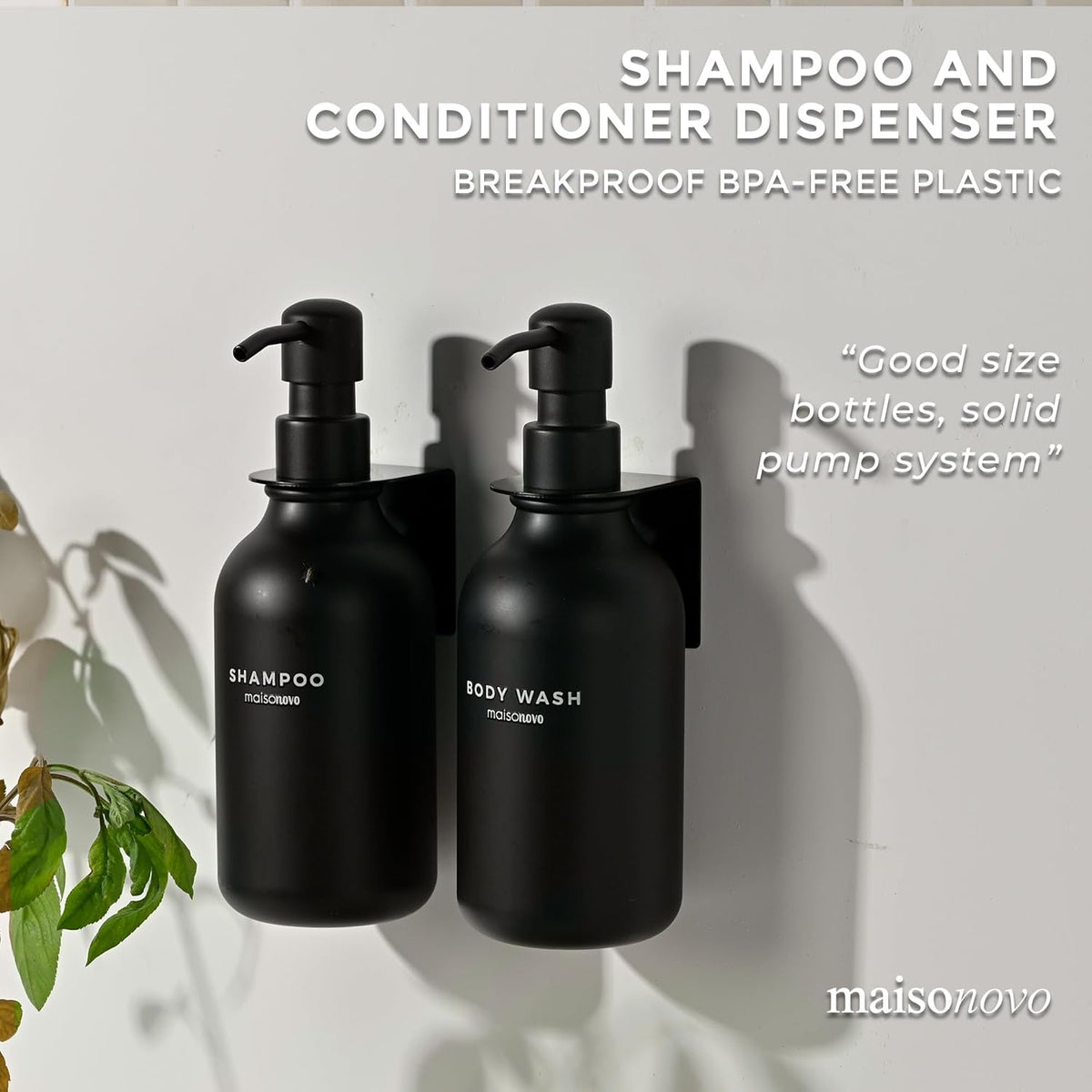 MaisoNovo Shampoo and Conditioner Dispenser - Shower Soap Dispenser Wall Mounted - 16.9 fl oz Set of 2 Black Plastic Bottles Black Pumps - 2 Chamber No Drill