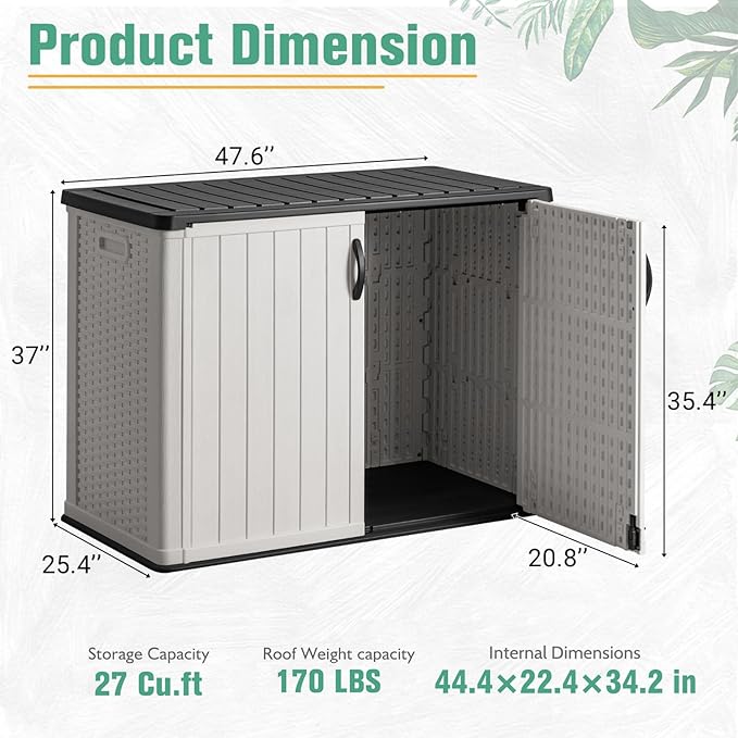 Greesum Outdoor Horizontal Storage Sheds 27 Cu.ft Resin Large Storaged Box Weather Resistance, Without Shelf, Easy to Assemble, Prefect for Garden, Patios, Backyards, White
