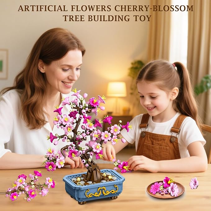 HOGOKIDS Flowers Cherry-Blossom Bonsai Building Set - 2 in 1 Artificial Bonsai Tree Plants for Home Decor & Display Cherry Botanical Flowers Building Toy Birthday Gift for Adults Teens (775PCS)