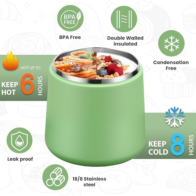 Soup Thermo for Hot Food 20oz Lunch Containers with Buckle Lid Wide Mouth Hot Food Jar Vacuum Insulated Stainless Steel Bento Box Leakproof with Spoon(Green)