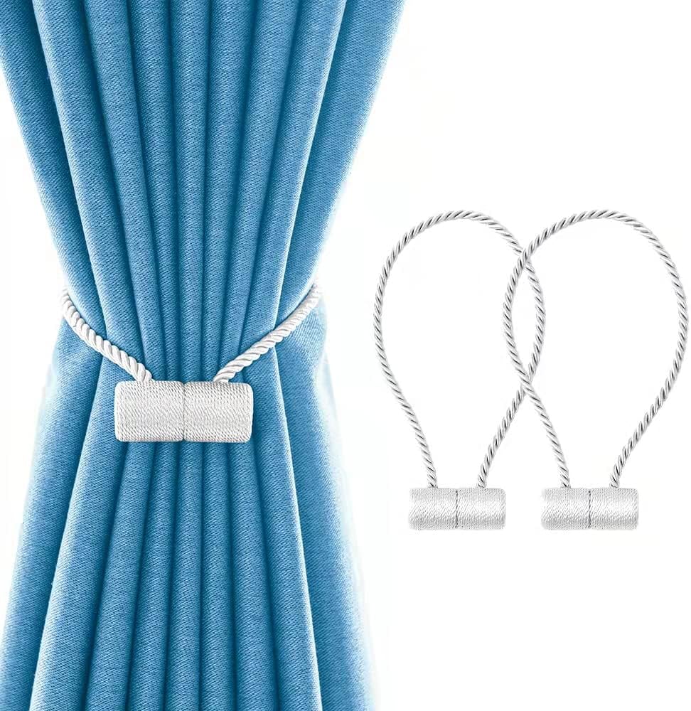 18 Inch Strong Magnetic Curtain Tiebacks, Curtain Holdbacks Modern Upgrade Strong 2021 New Twisted Style Decorative Drapery Rope Tie Backs(2 Pack White)