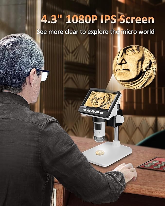 Coin Microscope - 4.3" LCD Digital Microscope 1000X, 1080P USB Coin Magnifier for Error Coins with 8 Adjustable LED Lights, PC View, Compatible with MacOS Windows