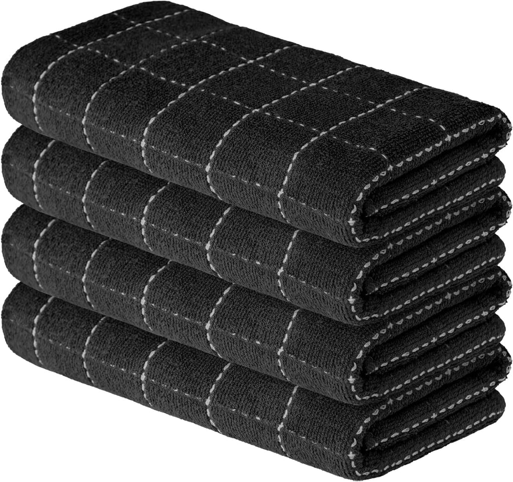 Artoid Mode Checkered Designed Cotton Black Terry Kitchen Dish Towels, 15x25 Inch Soft Absorbent Quick Drying Family Cleaning Tea Towels Set of 4