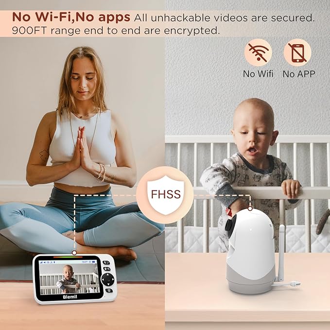 Baby Monitor with 30-Hour Battery, 5" Large Split-Screen Video Baby Monitor with Camera and Audio, 3500mAh Battery, Remote Pan/Tilt/Zoom Camera, Two-Way Talk, Night Vision, Lullabies, No WiFi