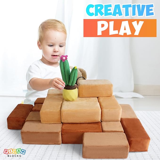 The Original Premium Plush Building Block for Kids - Certified Safe Foam Blocks in Luxuriously Soft Fabric Covers - Set of 24 (Desert)