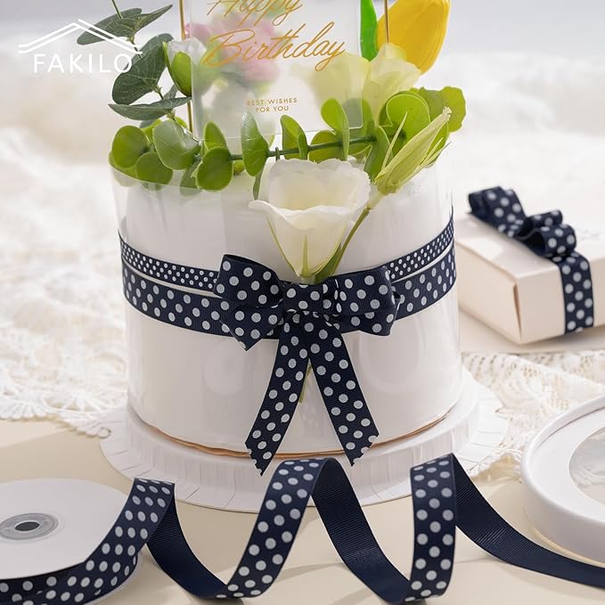 Polka Dot Grosgrain Ribbon 3/8 Inch, 25 Yards Spool Navy Blue and White Dot Craft Ribbon for Christmas Gift Wrapping DIY Crafts Hair Bows Wedding Party Decor Sewing and Home Decoration