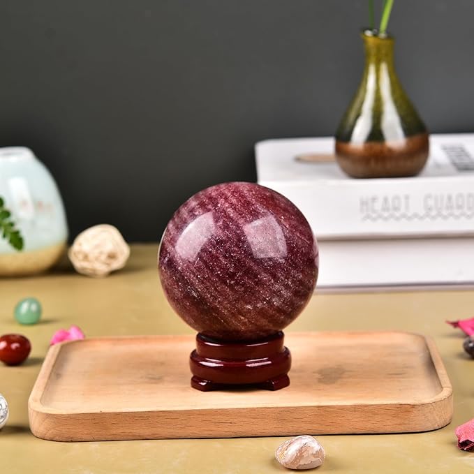 JIC Gem Large Red Healing Crystal Ball Red Strawberry Crystal Sphere with Stand Crystal Decorative Ball Home Decoration (110-120mm)
