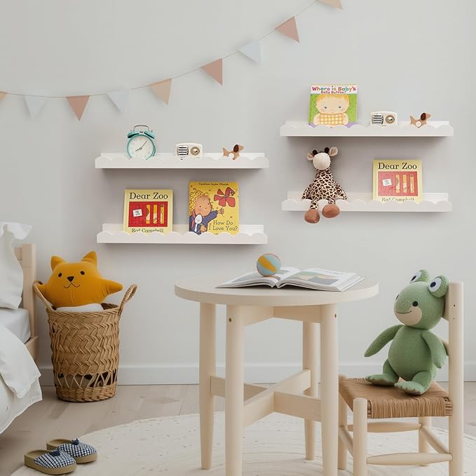 Scalloped Baby Book Shelf,Floating Shelves for Wall Set of 4 Solid Pine Wood Nursery Bookshelves with Wave Lip for Bedroom Kids, Toddler Room, Baby Room, Nursery Decor(White,60cm)