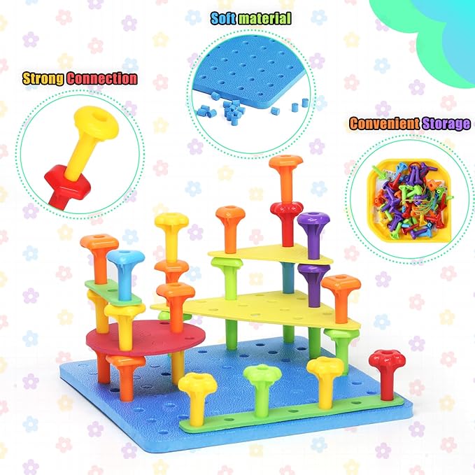 Peg Board Toy set 73Pcs DIY Building Stacking Toys for Kids 3-6 Years Old,STEM Educational Kids Toy for Brain Development,Montessori Sensory Toys,Upgrade Various Foam Board Plastic Lacing String Game