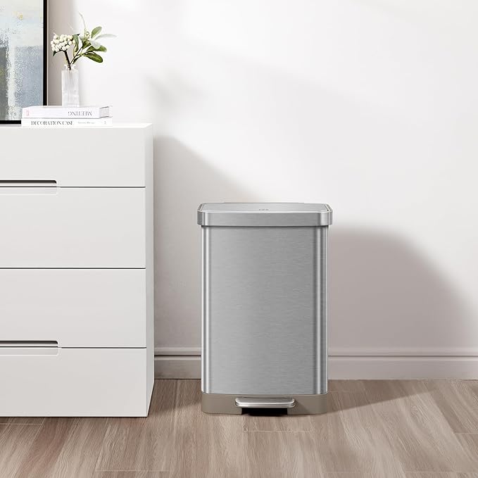 EKO Hudson Matte Stainless 50 Liter/13.2 Gallon Step Trash Can with Rear Trash Bag Storage Compartment