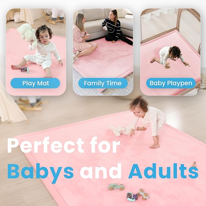 1.3" Thick Baby Play Mat for Floor, 79x79 Large Foam Tummy Time Mat, Padded Support Soft Plush Nursery Rug for Infant Kids Toddler Crawling Kick Activity (Pink)