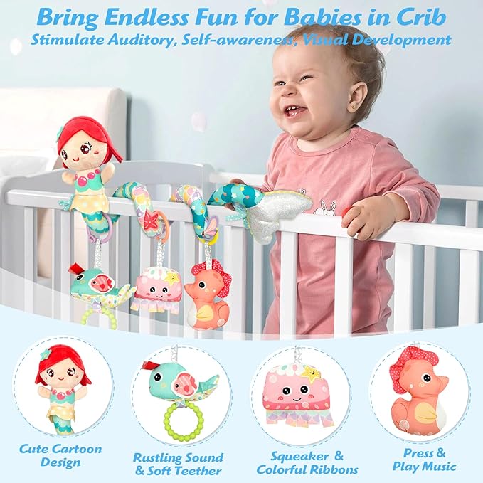 Carseat Toys Hanging Car Seat Toys for Babies 0-6 Months Boy Girl, Mermaid Stroller Toy Newborn Infant Sensory Baby Toy 0-6 Months with Music Rattle Teether, Gift for 0 3 6 9 12 Months