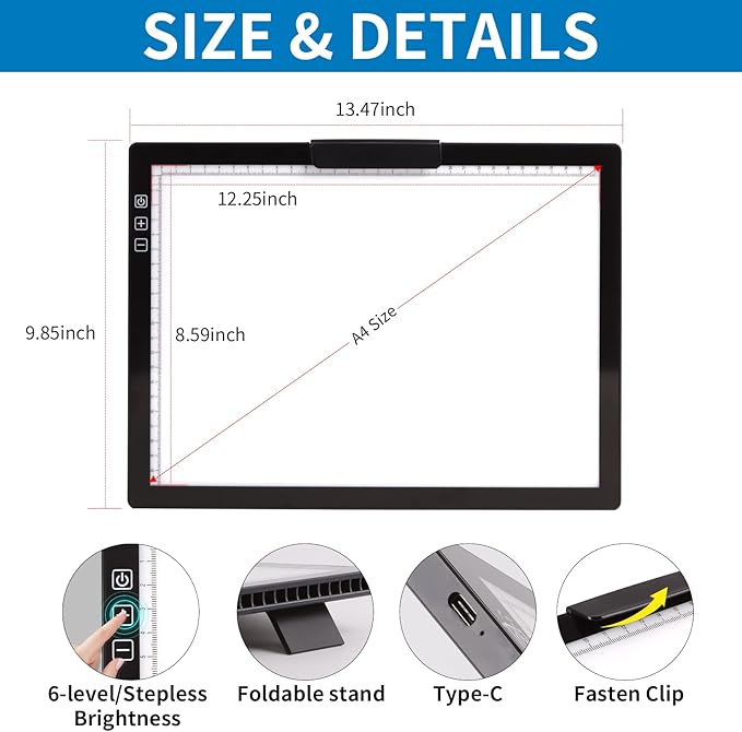 Rechargeable A4 Light Pad with Innovative Stand and Top Clip, Elice Wireless Bright Light Tracing Board Portable LED Artcraft Tracer Box for Artists, Drawing, Cricut Weeding Vinyl, Diamond Painting