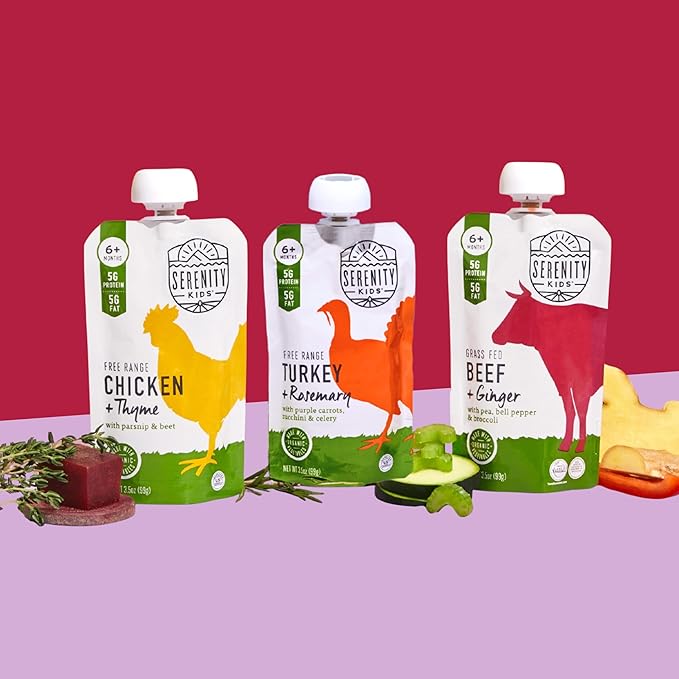 Serenity Kids 6+ Month Organic Beef & Veggie Baby Food Pouches - Grass-Fed Beef with Organic Pea, Bell Pepper & Broccoli - BPA-Free Baby Puree Pouch - 3.5 Oz, 12 Pack