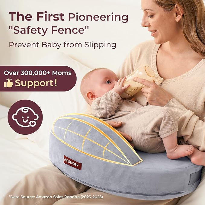 Momcozy Exclusive Memory Foam Nursing Pillow - Pioneering Safety Fence-Plus Size Breastfeeding Pillow for Ergonomic Comfort & Support-Easier and Healthier Nursing - Fit for All, Removable Cover