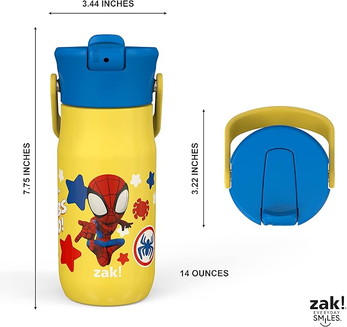 Zak Designs Harmony Marvel Spidey and His Amazing Friends Kid Water Bottle for Travel or At Home, 14oz Recycled Stainless Steel is Leak-Proof When Closed and Vacuum Insulated (Spiderman)