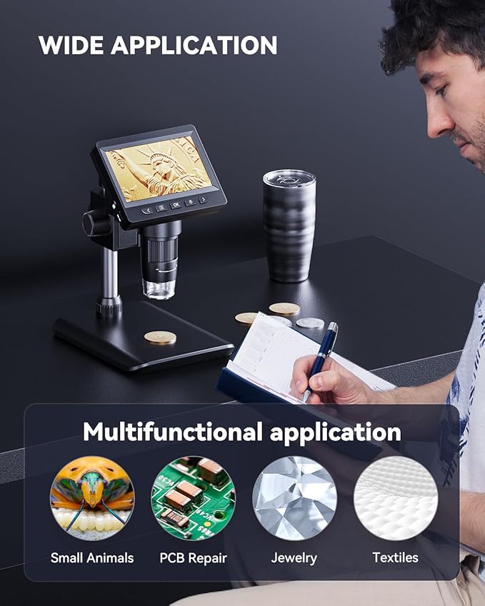 Digital Microscope, Coin Microscope with Light Adjustable Brightness 4.3" HD LCD Screen, 1000X Zoom PC View, Compatible with MacOS & Windows - Black