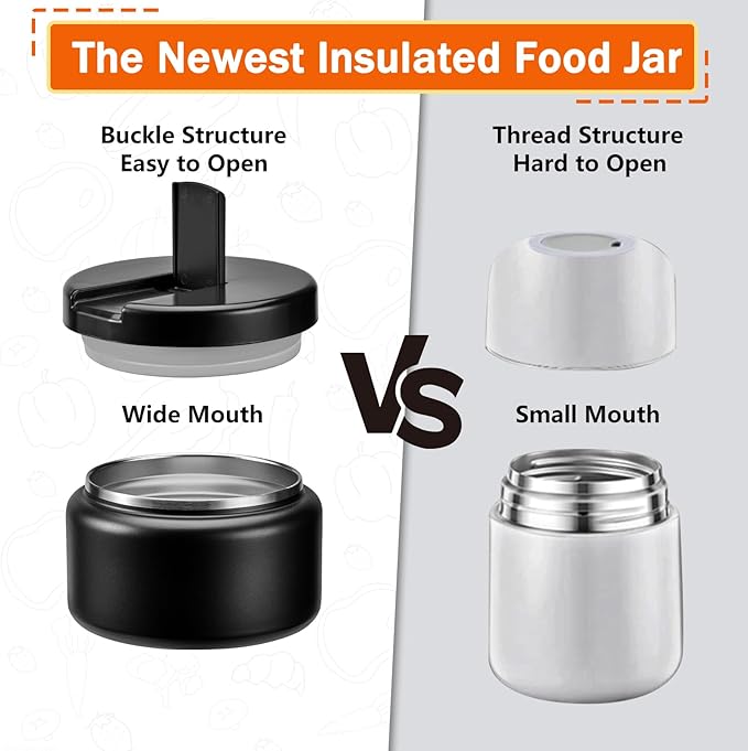 13.5oz Kids Jar for Hot Food, Insulated Vacuum Food Jar with Buckle Lid, Stainless Steel Wide Mouth Leak Proof Insulated Lunch Container for School Picnic Travel, Black