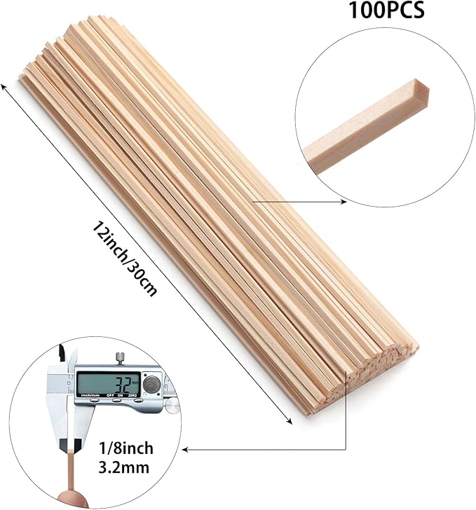 1/8" x 12" Square Wooden Dowel Rods Wood Square Dowels for Crafting, 100PCS Small Unfinished Wood Craft Sticks Hardwood Sticks Wooden Strips for Arts and DIYers, Miniature Buildings, Woodworking