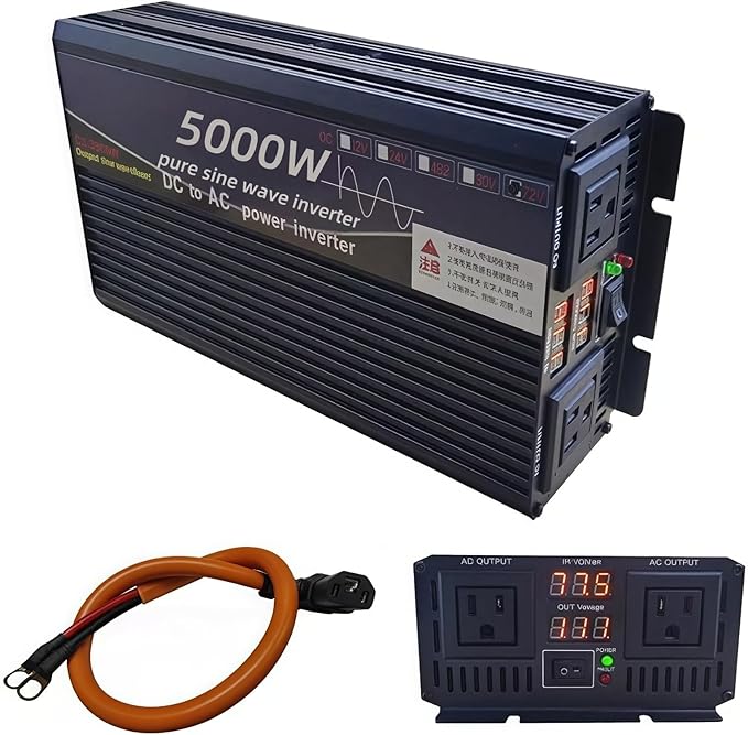 5000W Power Inverter 60V DC to 110V AC Converter with LED Display Dual AC Outlets Dual Fans Radiating for RV, Camp, Boat and Home Emergency Portable Pure Sine Wave Inverter (LED Screen, 5000W 60V)