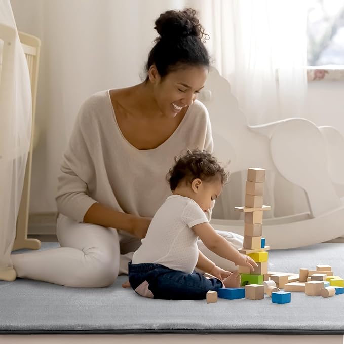 BALAPET Thick Memory Foam 47x47 Play Mat for Playpen, Super Soft Velvet Portable Baby Playpen Mat for Kids Toddler Crawling and Play, Non-Slip Bottom Playmat, Grey