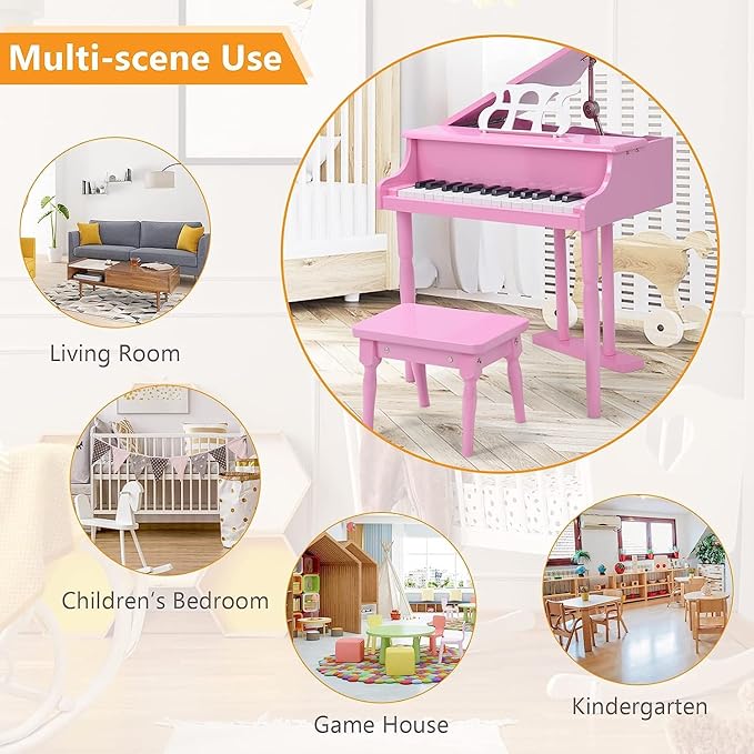 HONEY JOY Classical Kids Piano, 30-Key Mini Grand Piano with Music Stand and Bench, Wooden Musical Instrument Toy w/Lid & Music Rack, Gift for Boys Girls Ages 3+ (3 Straight Leg-Pink)