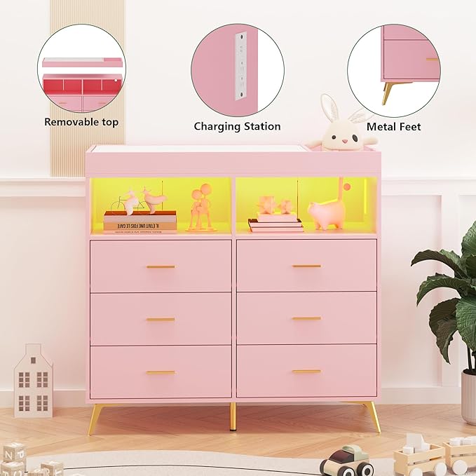 GarveeHome Dresser for Bedroom with 6 Drawers, Baby Changing Table Dresser with Changing Pad, LED Lights & Charging Station, Baby Changing Station with Changing Table Top, Pink