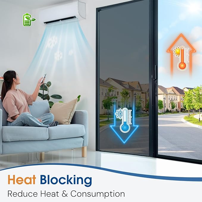 Homein One Way Privacy Window Film with Tool Window Tint for Home See Out Not in Heat Control Sun Blocking Mirror Reflective Anti UV Covering Static Cling No Glue Black-Sliver 35.4 x 157.4 inch