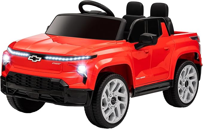 Qaba 12V Kids Ride on Truck, Chevrolet Silverado EV RST Licensed Electric Car with Parent Remote Control, Back Storage, Spring Suspension, Soft Start, Auxiliary Wheels, LED Lights, Music, MP3, Red