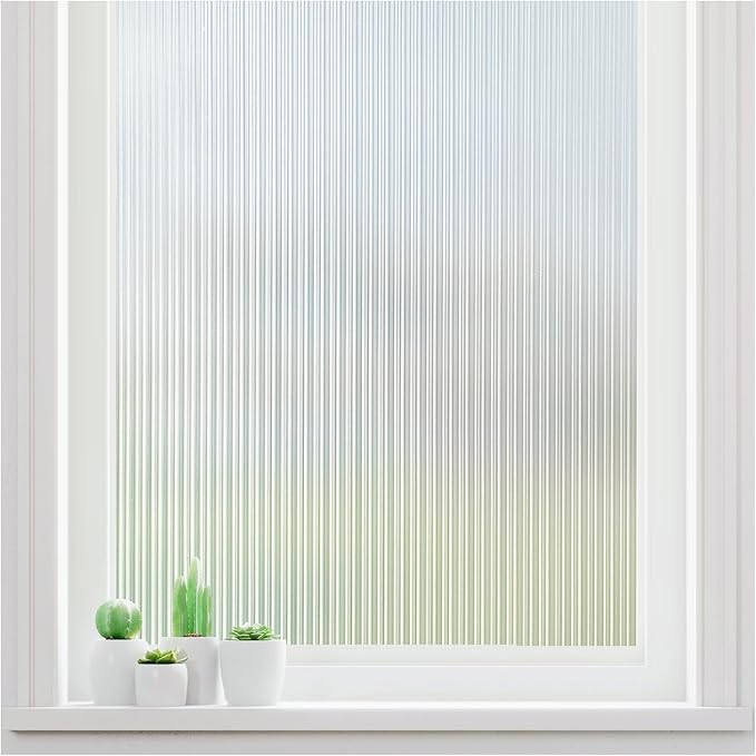 Haton Reeded Glass Window Privacy Film, Frosted Glass Window Film, Static Cling UV Blocking Stickers, Decorative Removable Cover for Bathroom Door Office, Non Adhesive 17.5" x 118.1"