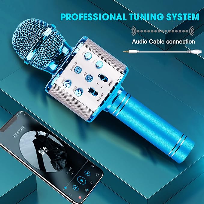 BlueFire 4 in 1 Karaoke Wireless Microphone with LED Lights, Portable Microphone for Kids, Great Toys for Kids, Girls, Boys and Adults (Blue)