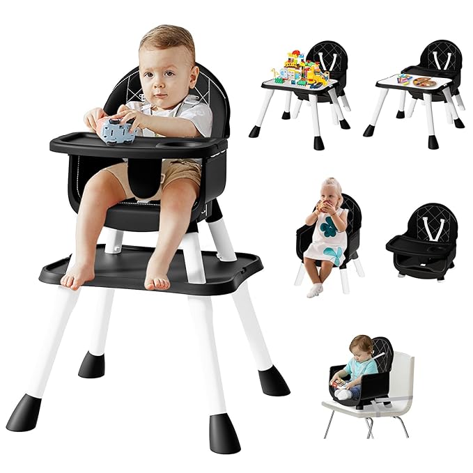 6 in 1 Baby High Chair for Babies and Toddlers, Booster Seat, Kids Learning Table & Chair (Black)