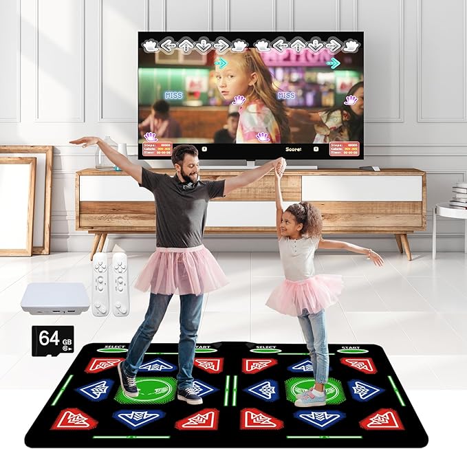 Music Double Dance Mat for Kids and Adults,64G Memory Card,Fitness Dance Games with MV/3D/Cartoon Dance Mode, 1000pcs Games and 81pcs MV 885pcs Songs for HDMI TV Fun Senior Flannel Materia